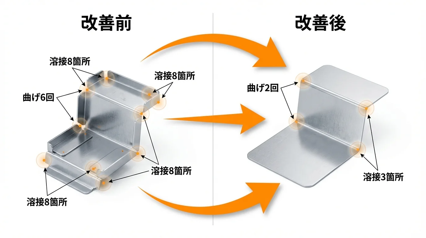 板金設計のBefore/After比較。曲げ回数や溶接箇所を減らした最適化設計の例