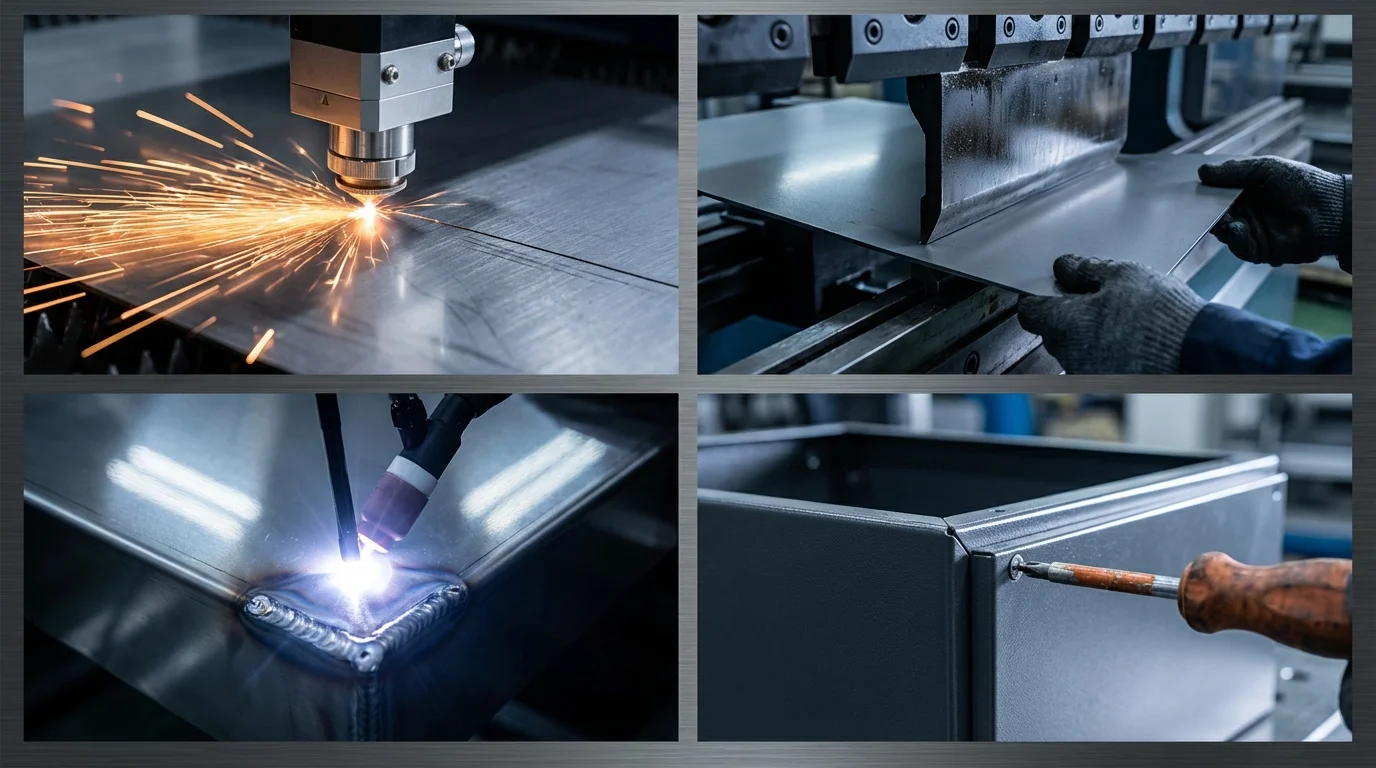 板金加工の4つの種類（レーザー切断・曲げ加工・溶接・組立）を示す技術図解