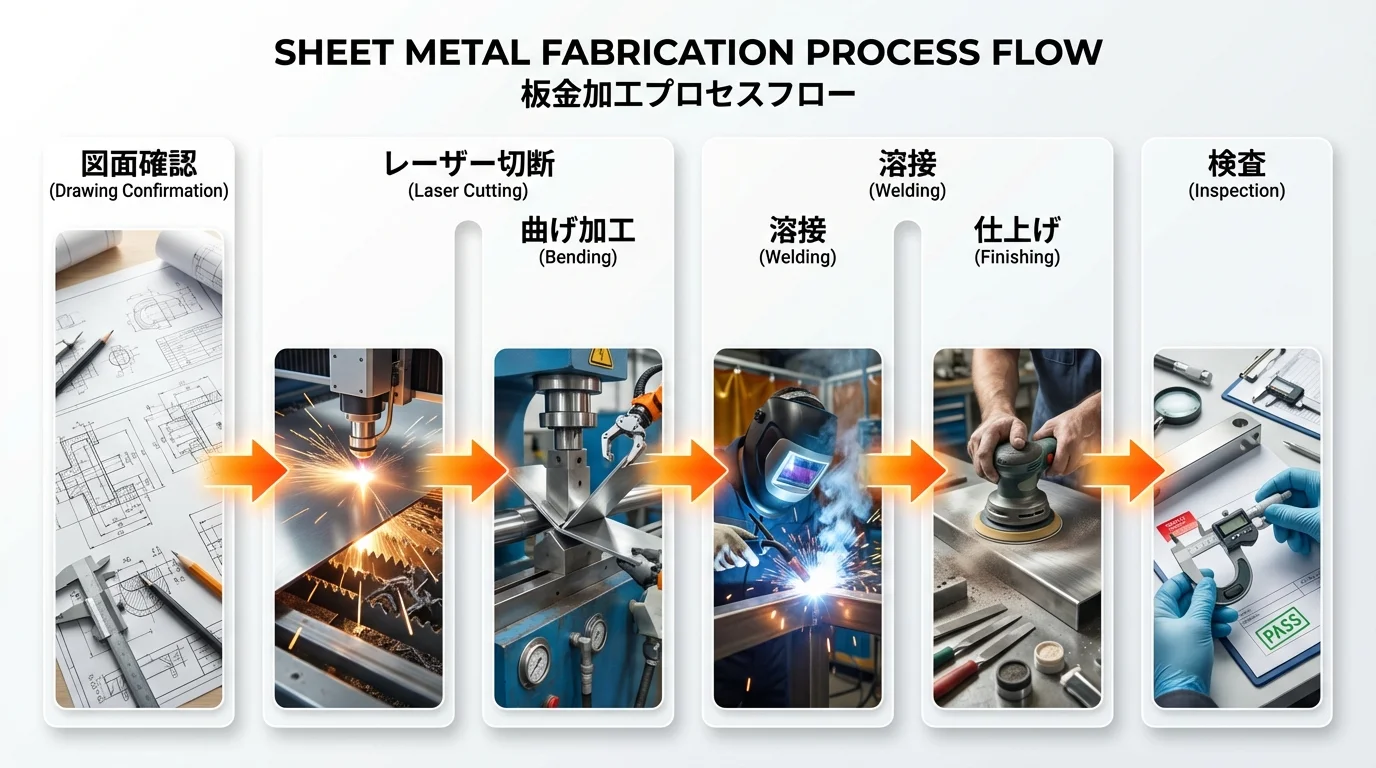 板金加工の工程フロー図。図面→展開→レーザー切断→曲げ→溶接→仕上げ→検査→出荷の流れ