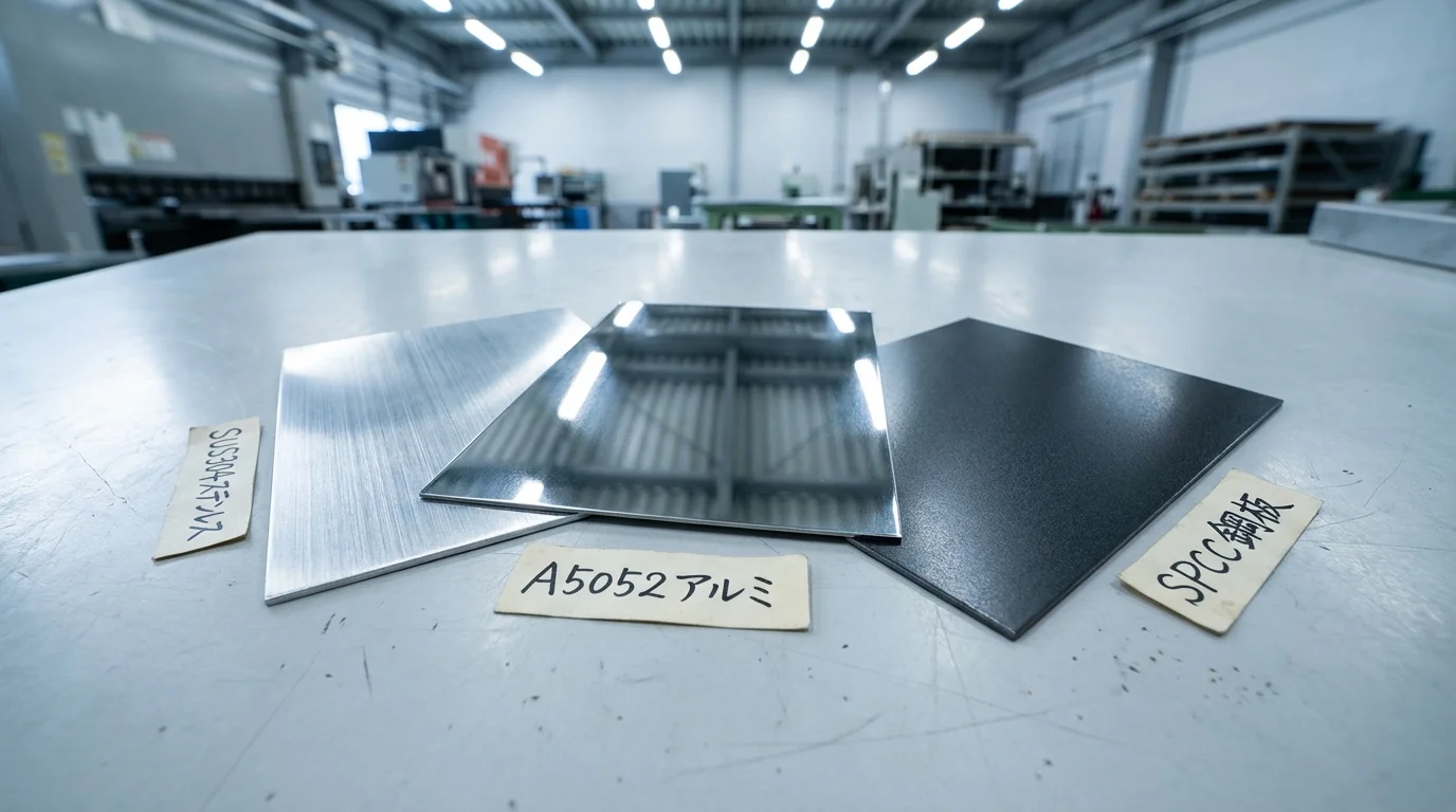 板金加工で使われる3種類の素材（ステンレス・アルミ・鉄）の板材サンプルと断面