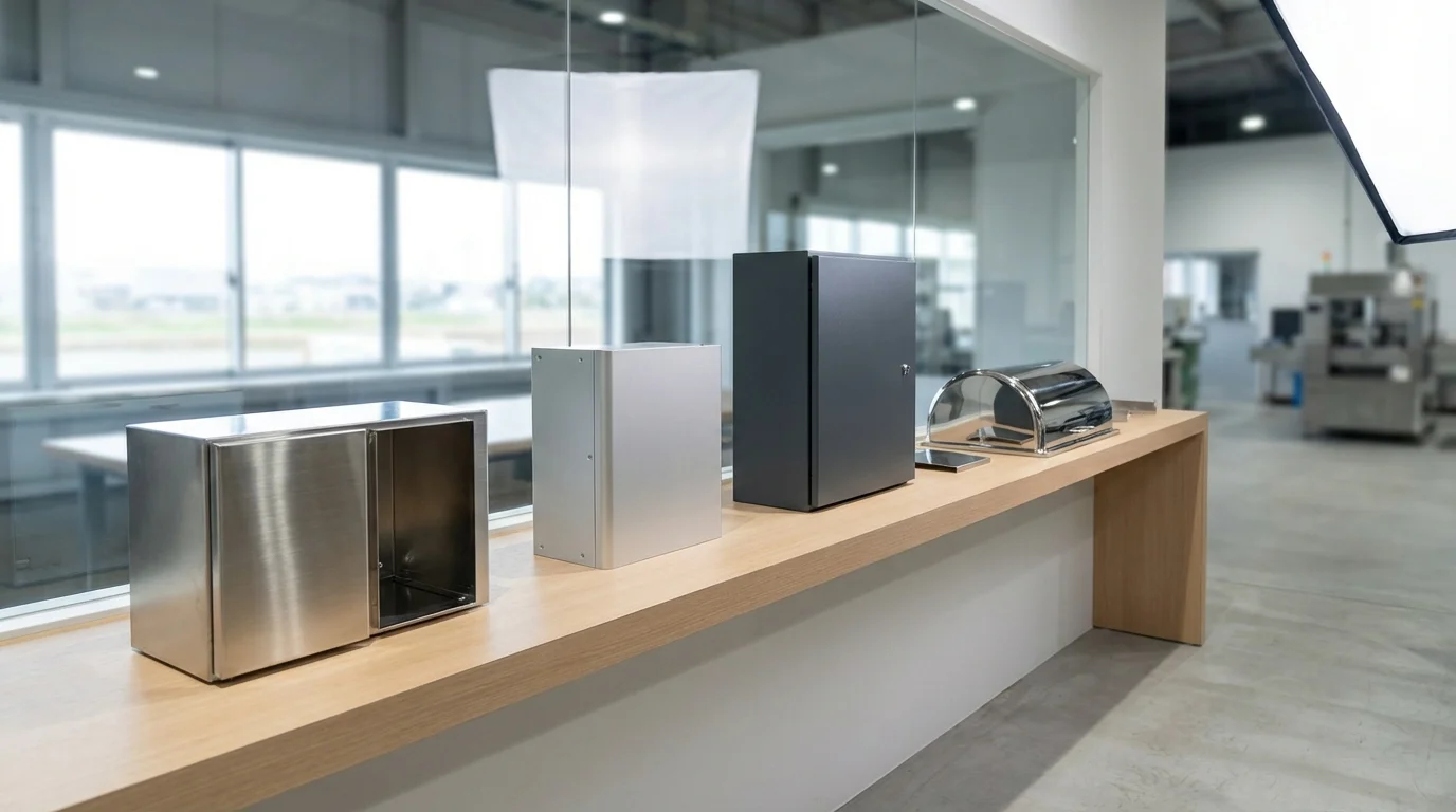 板金加工の製品例。電子機器筐体・制御盤ボックス・食品機械カバー・医療機器ハウジングのグリッド配置