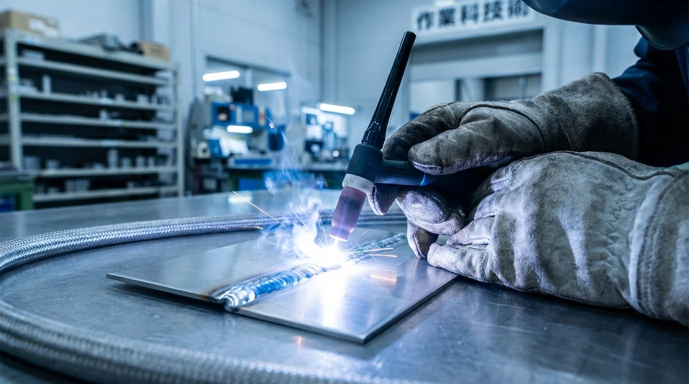 TIG溶接の原理図解。タングステン電極とアルゴンガスシールドによるアーク溶接の断面図