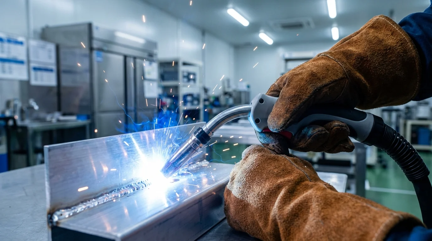 MIG溶接の原理図解。ワイヤ自動送給機構とガスノズルによる溶接の断面図