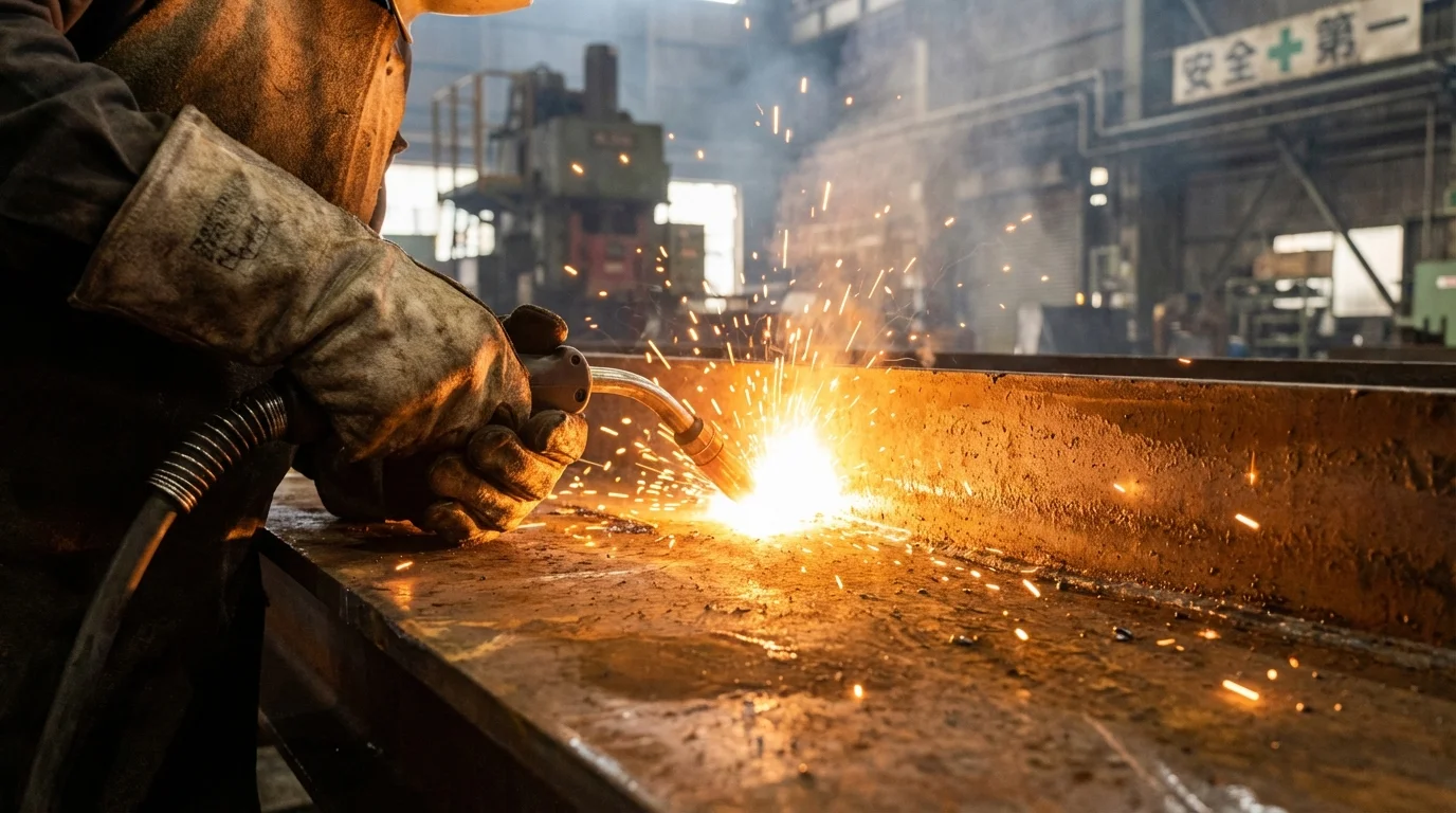 CO2溶接の原理図解。CO2ガスシールドによる高速溶接の断面図