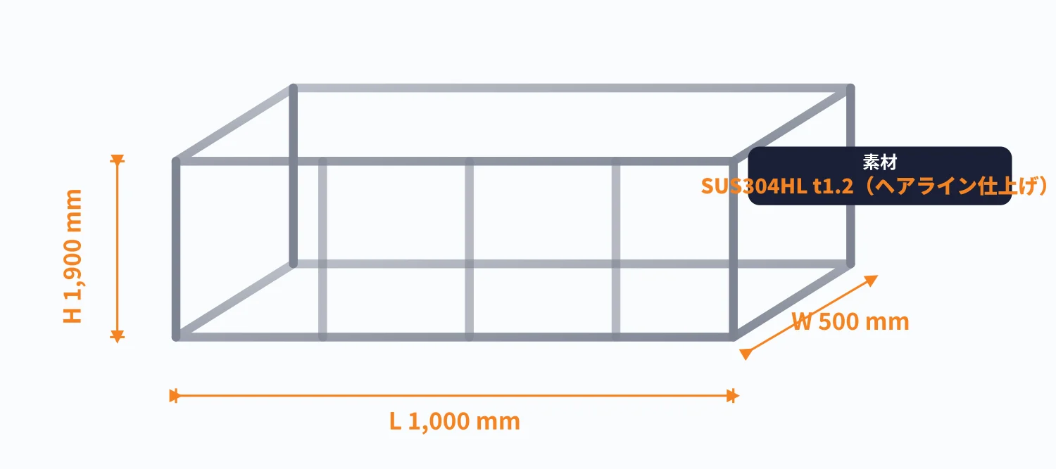 ステンレス空気清浄機筐体（SUS304HL／1000×500×1900mm）の寸法と素材構成図