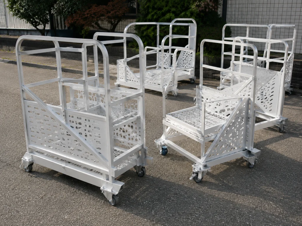 アルミデザイン台車（アルミパイプ骨格・パンチングパネル・キャスター付き）の製作事例
