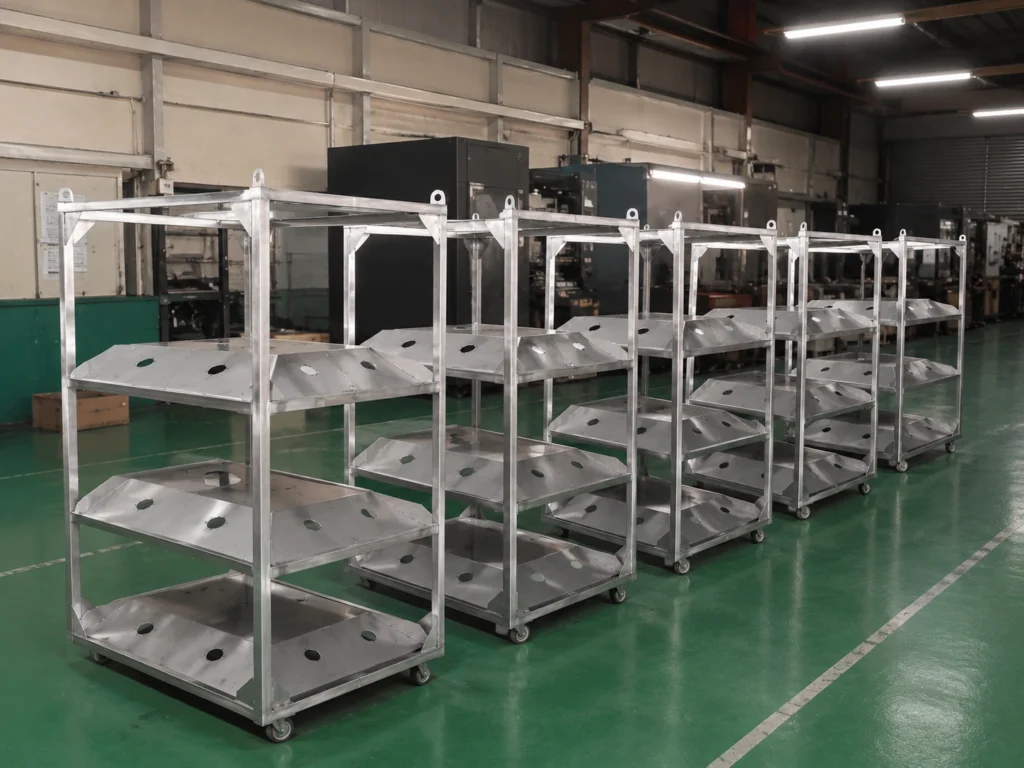 ステンレス特殊台車（SUS304・1500×800×2000mm）の製作事例。傾斜トレー棚とキャスターを備えた特殊台車を複数台製作