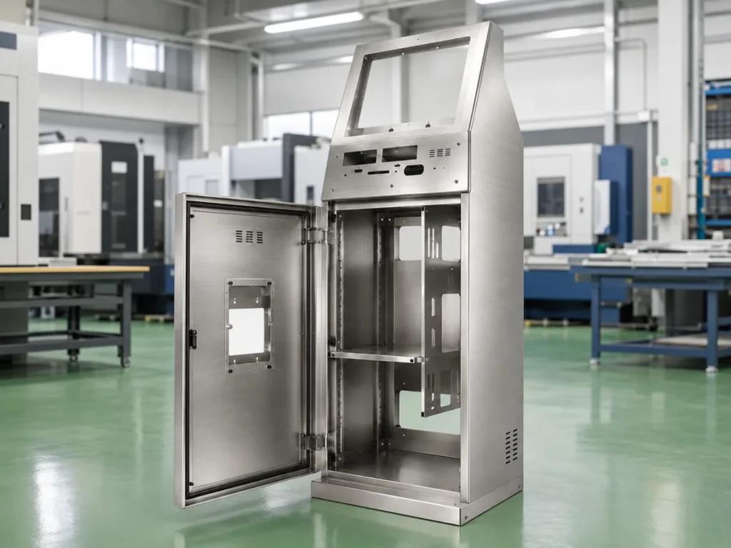 SUS304製ステンレス設備キャビネット（ディスプレイ開口部・扉開き状態の実機）
