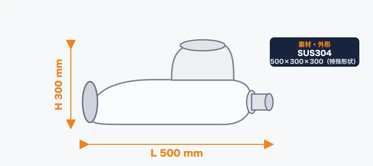オーバルブランチダクトの外形図(500×300×300mm・特殊形状・SUS304)